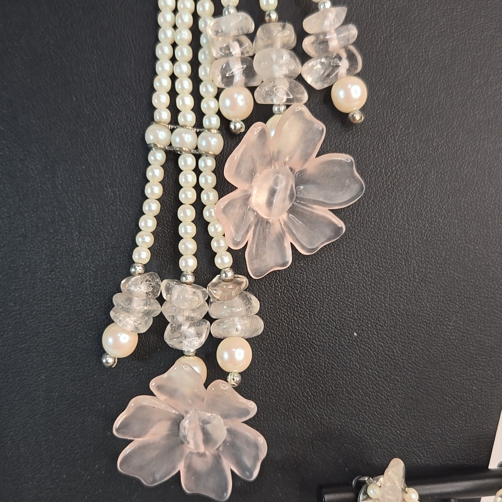 Classic Rose Quartz Stones Pearl Lariat Floral Necklace Earrings Triple Strand - Picture 2 of 15